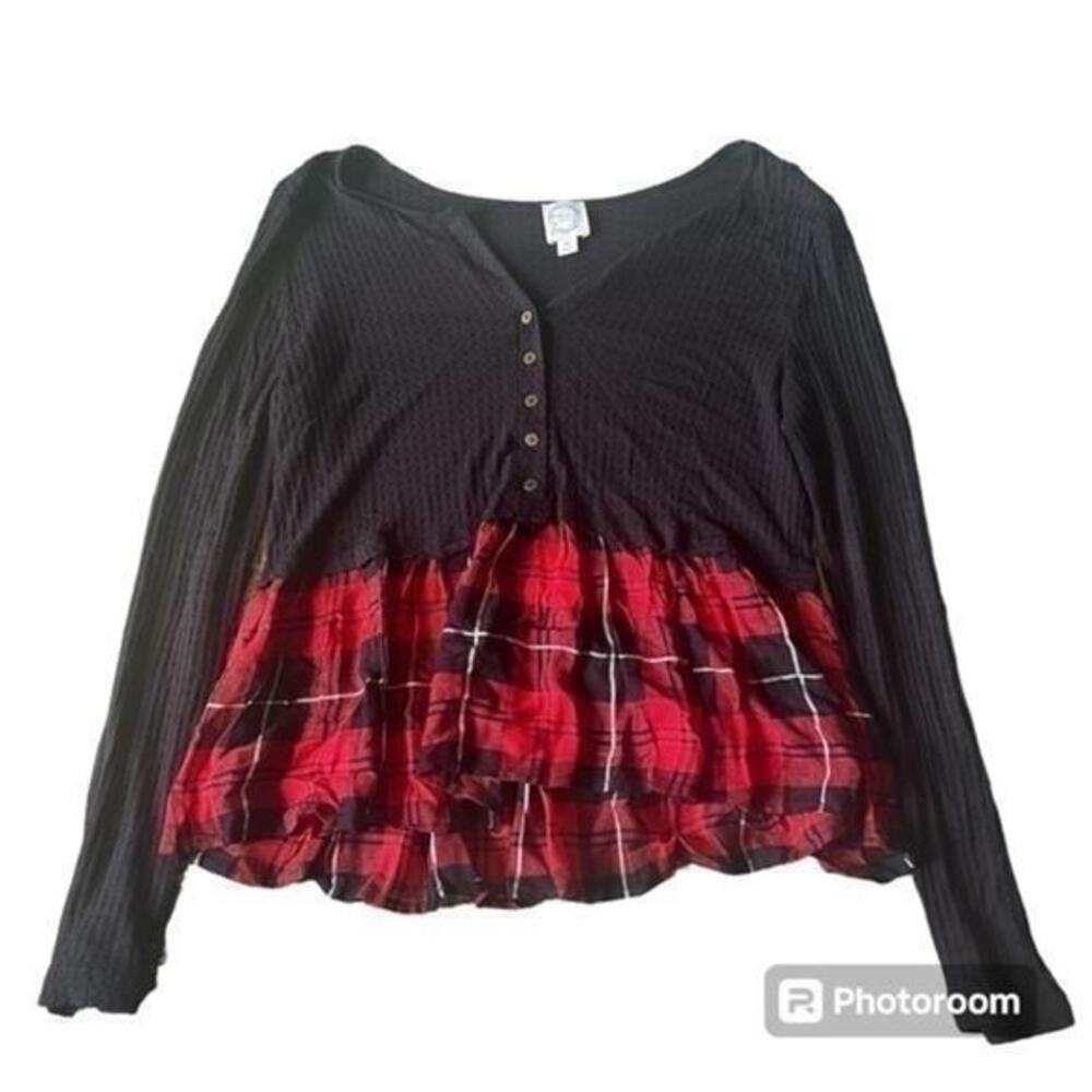 Blue rain black shirt with flannel plaid blouse detailing